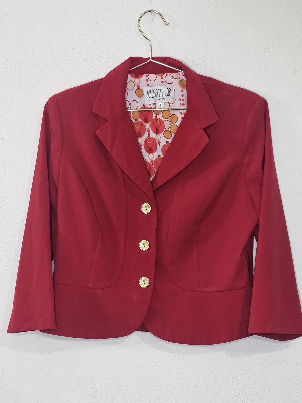 Vintage 90s Julian Taylor Red Cropped Blazer Jacket Size‎ 8 Retro Mod Lining Y2K